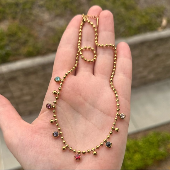 Gold Beaded Necklace with Multicolor Stones – 18K Plated - Picture 3 of 4